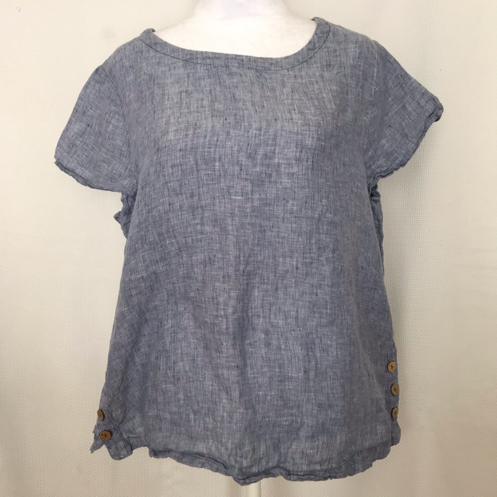Cynthia Rowley 100% Linen blue short sleeve top blouse size L (Flaw) - Picture 1 of 11